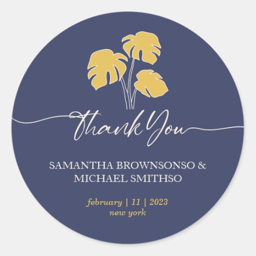 Navy Palm Tropical Floral Script Botanic Thank you Classic Round Sticker