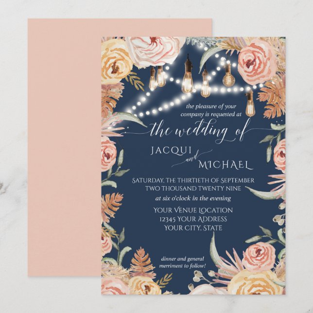 Navy Pampas Grass Blush Pink Floral Edison Lights Invitation (Front/Back)