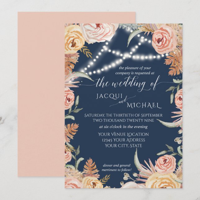 Navy Pampas Grass Blush Pink Floral Twinkle Lights Invitation (Front/Back)