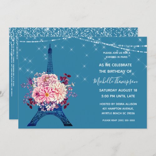 Navy Paris Eiffel Tower Glitter Floral Birthday Invitation