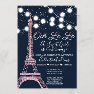 Navy Paris Eiffel Tower Glitter Lights Baby Shower Invitation