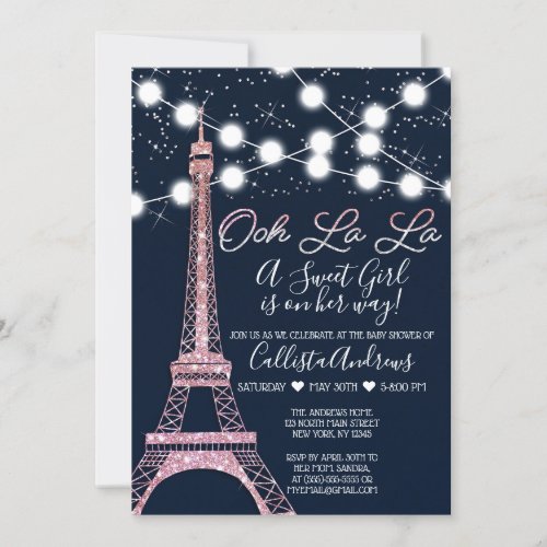 Navy Paris Eiffel Tower Glitter Lights Baby Shower Invitation