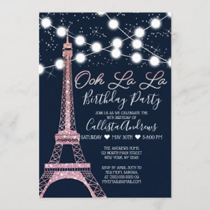Navy Paris Eiffel Tower Glitter Lights Birthday Invitation