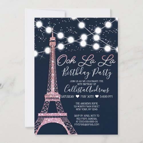 Navy Paris Eiffel Tower Glitter Lights Birthday Invitation