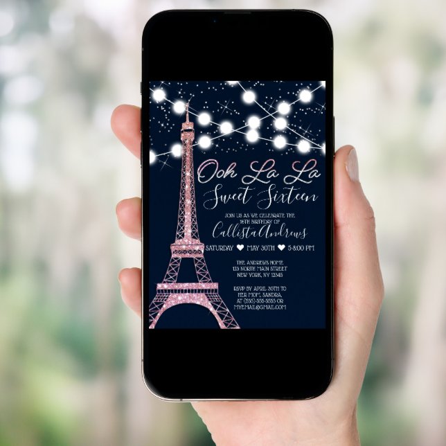 Navy Paris Eiffel Tower Glitter Lights Sweet 16 Invitation (Front Digital)