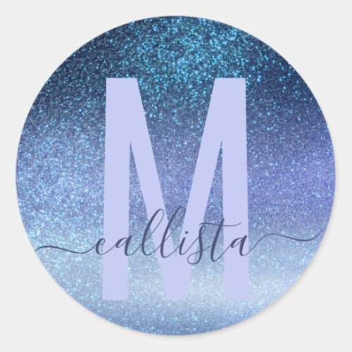 Navy Pastel Blue Triple Glitter Ombre Gradient Classic Round Sticker