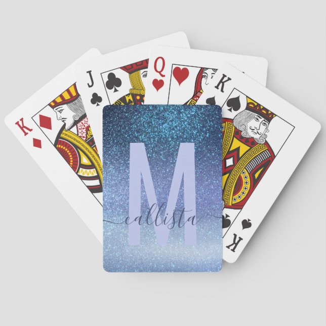 Navy Pastel Blue Triple Glitter Ombre Gradient Poker Cards (Back)