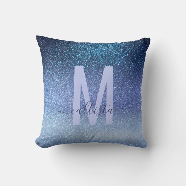 Navy Pastel Blue Triple Glitter Ombre Gradient Throw Pillow (Front)