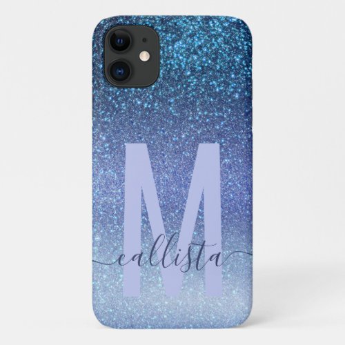 Navy Pastel Blue Triple Glitter Ombre Monogram iPhone 11 Case