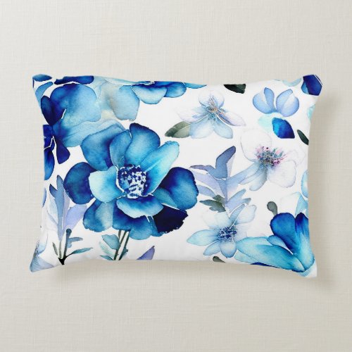 Navy Pastel Blue Watercolor Floral Accent Pillow