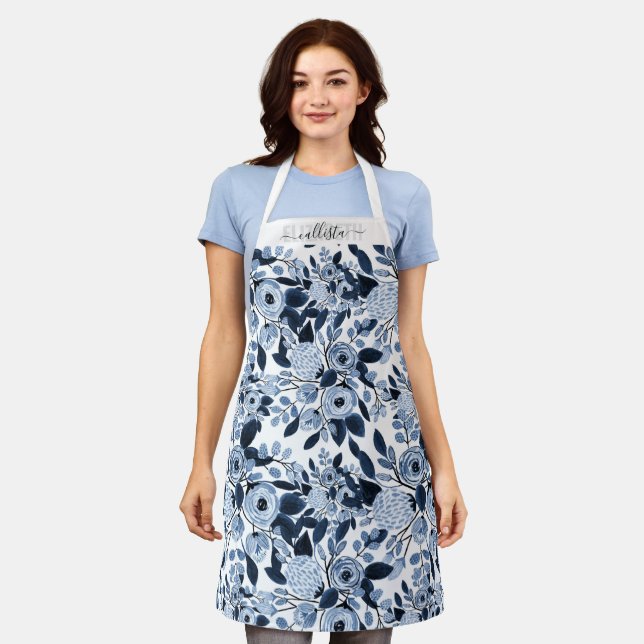 Navy Pastel Blue Watercolor Floral Pattern Apron (Worn)