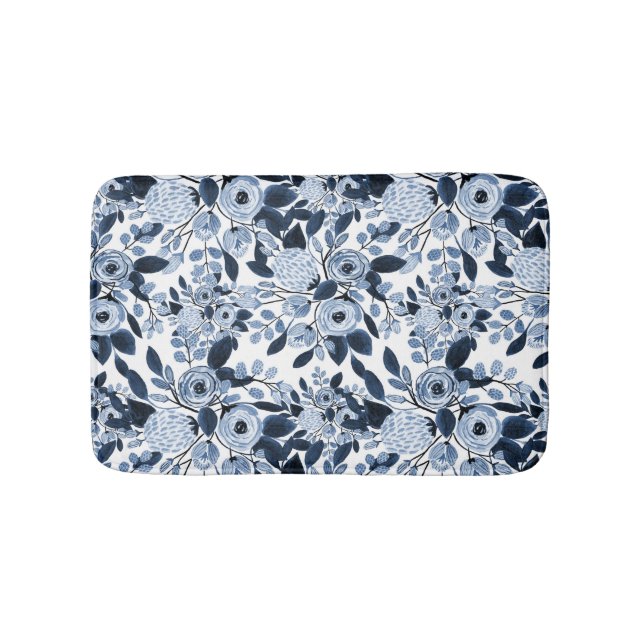 Navy Pastel Blue Watercolor Floral Pattern Bath Mat (Front)