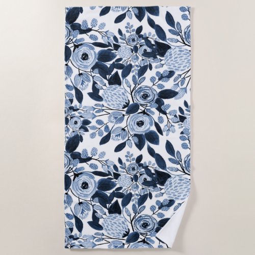 Navy Pastel Blue Watercolor Floral Pattern Beach Towel