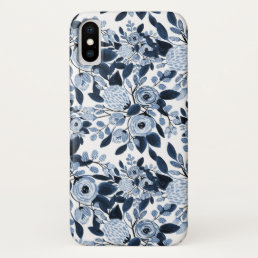 Navy Pastel Blue Watercolor Floral Pattern iPhone X Case