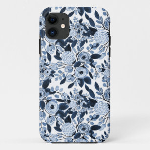 Navy Pastel Blue Watercolor Floral Pattern iPhone 11 Case