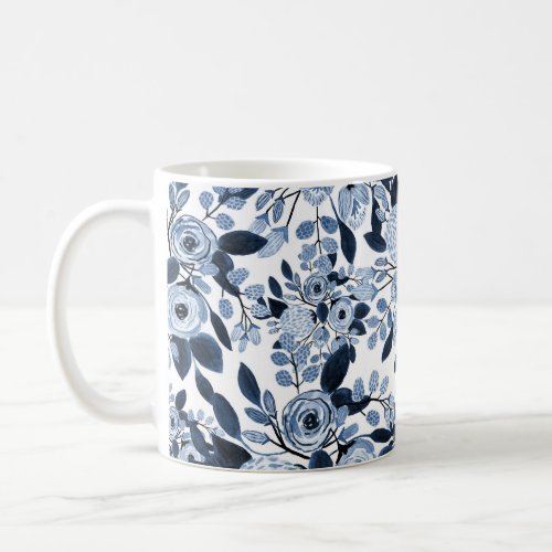 Navy Pastel Blue Watercolor Floral Pattern Coffee Mug