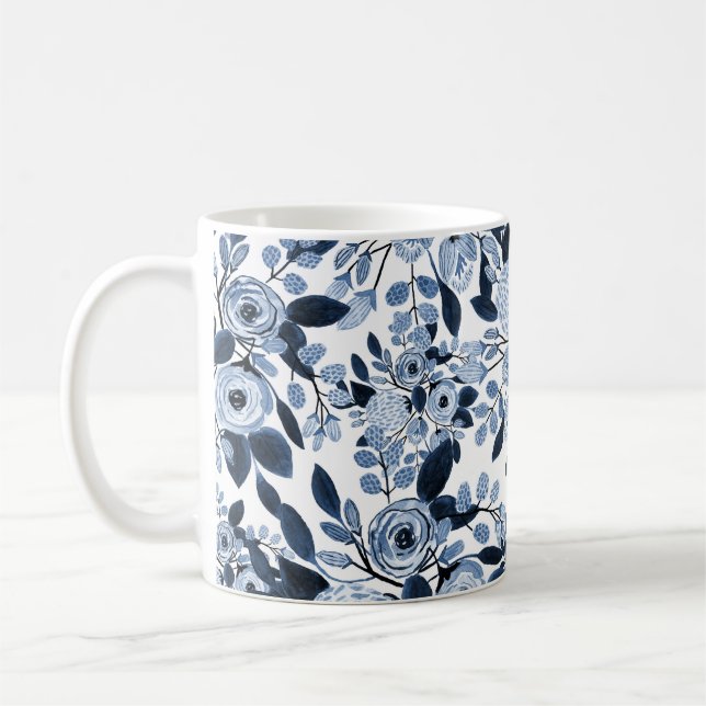 Navy Pastel Blue Watercolor Floral Pattern Coffee Mug (Left)