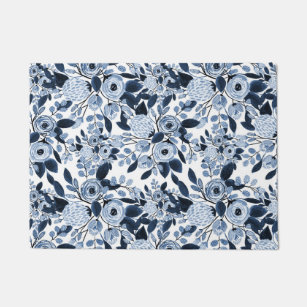 Navy Pastel Blue Watercolor Floral Pattern Doormat