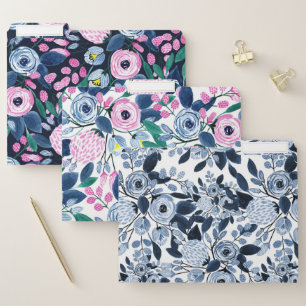 Navy Pastel Blue Watercolor Floral Pattern File Folder