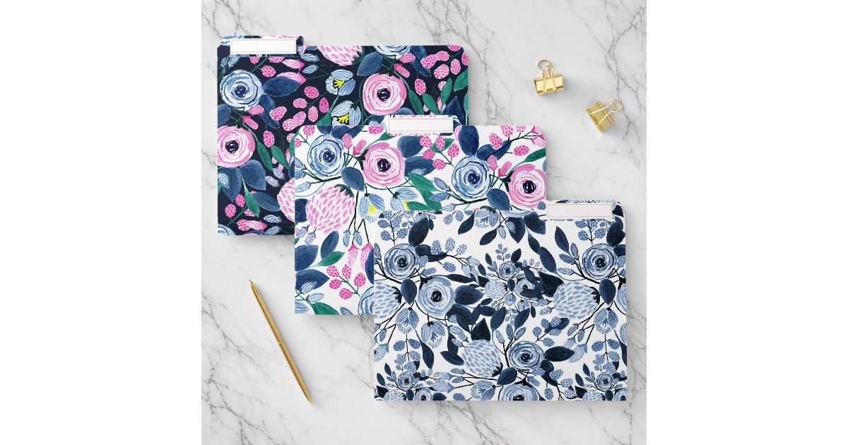 Navy Pastel Blue Watercolor Floral Pattern File Folder | Zazzle