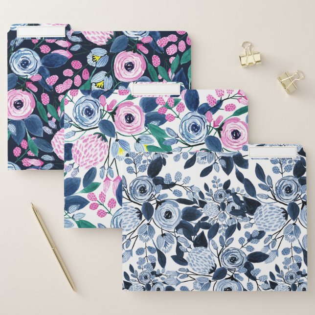 Navy Pastel Blue Watercolor Floral Pattern File Folder (Set)