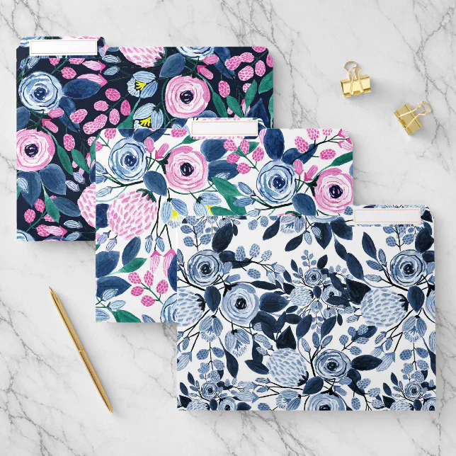 Navy Pastel Blue Watercolor Floral Pattern File Folder | Zazzle