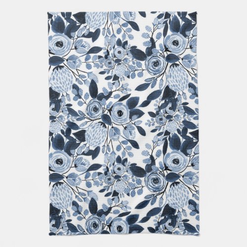 Navy Pastel Blue Watercolor Floral Pattern Kitchen Towel