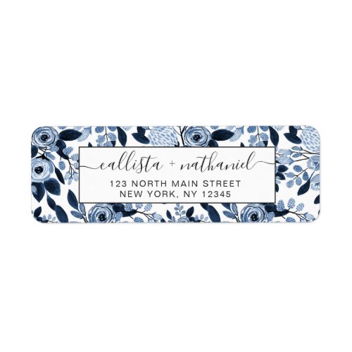 Navy Pastel Blue Watercolor Floral Pattern Label