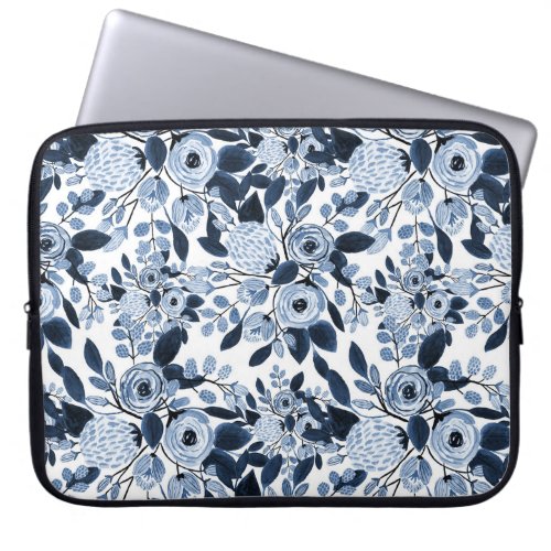 Navy Pastel Blue Watercolor Floral Pattern Laptop Sleeve