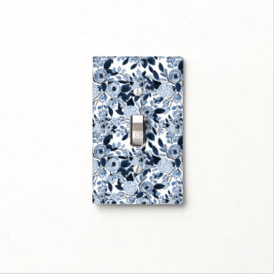 Navy Pastel Blue Watercolor Floral Pattern Light Switch Cover