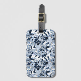 Navy Pastel Blue Watercolor Floral Pattern Luggage Tag