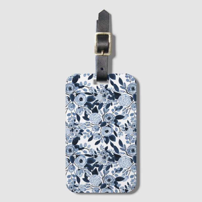 Navy Pastel Blue Watercolor Floral Pattern Luggage Tag (Front Vertical)