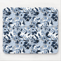 Navy Pastel Blue Watercolor Floral Pattern Mouse Pad