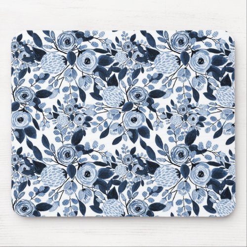 Navy Pastel Blue Watercolor Floral Pattern Mouse Pad
