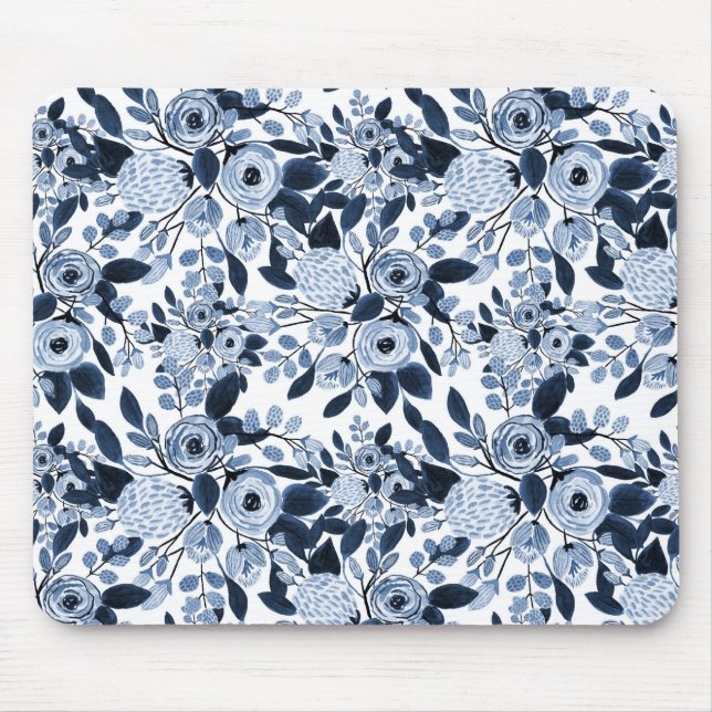 Navy Pastel Blue Watercolor Floral Pattern Mouse Pad (Front)