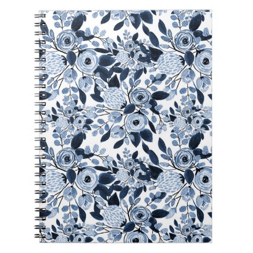 Navy Pastel Blue Watercolor Floral Pattern Notebook