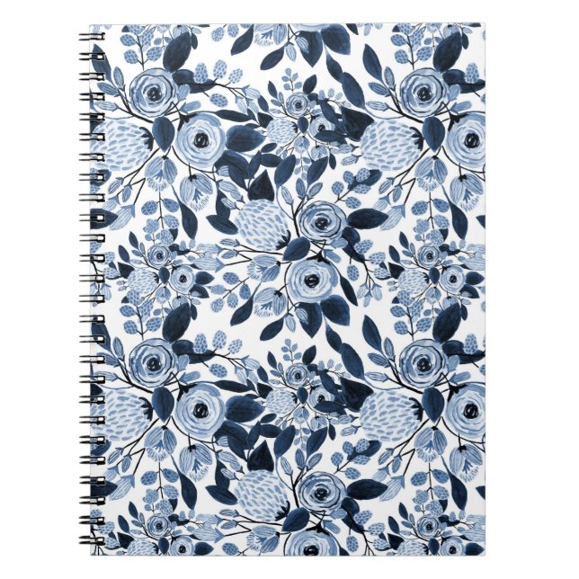Navy Pastel Blue Watercolor Floral Pattern Notebook (Front)