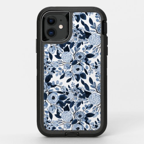Navy Pastel Blue Watercolor Floral Pattern OtterBox Defender iPhone 11 Case