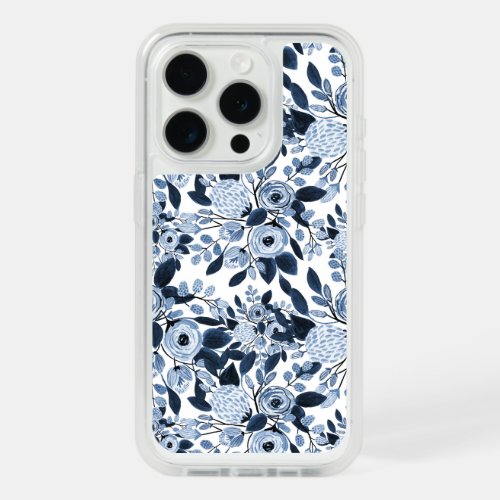 Navy Pastel Blue Watercolor Floral Pattern iPhone 15 Pro Case