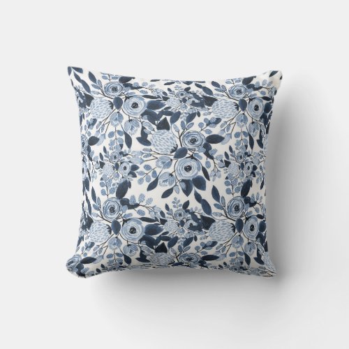 Navy Pastel Blue Watercolor Floral Pattern Outdoor Pillow