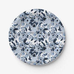 Navy Pastel Blue Watercolor Floral Pattern Paper Plates