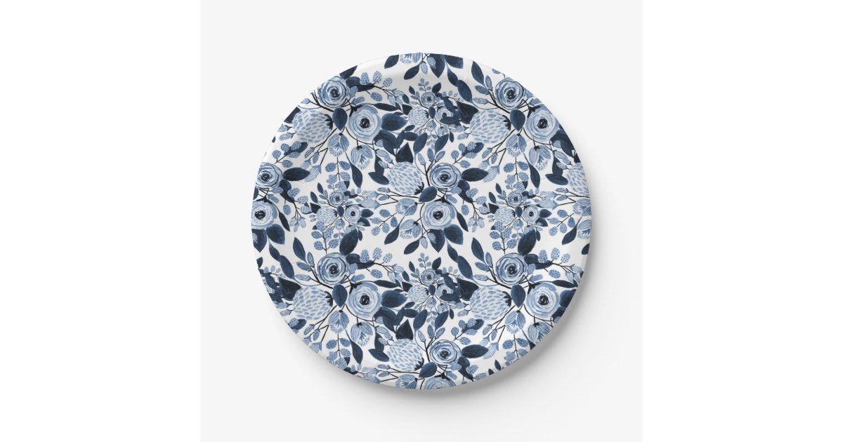 Navy Pastel Blue Watercolor Floral Pattern Paper Plates | Zazzle