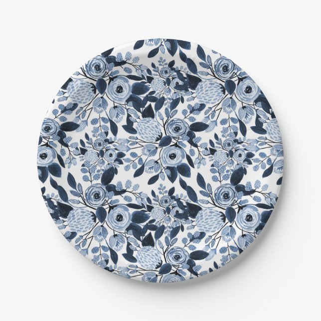Navy Pastel Blue Watercolor Floral Pattern Paper Plates (Front)