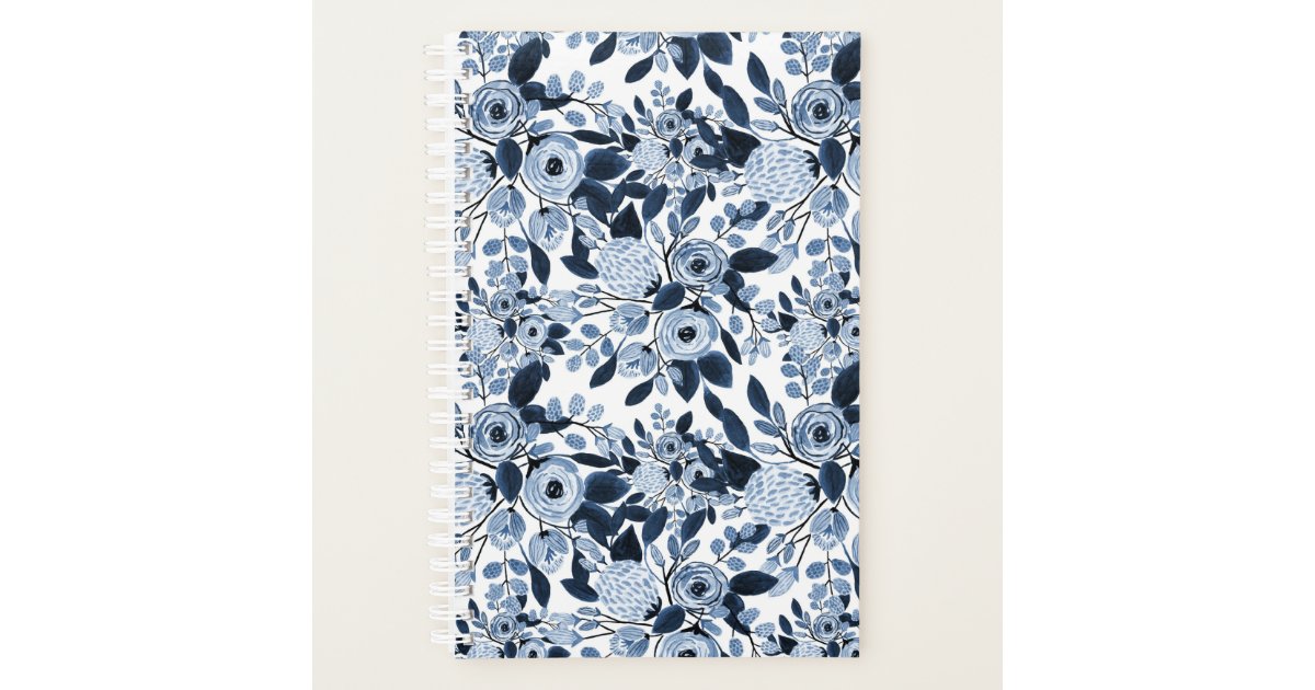 Navy Pastel Blue Watercolor Floral Pattern Planner | Zazzle
