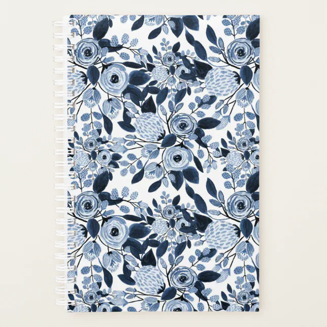 Navy Pastel Blue Watercolor Floral Pattern Planner | Zazzle