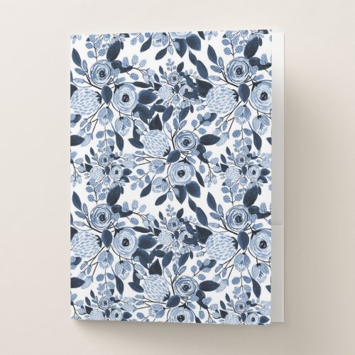 Navy Pastel Blue Watercolor Floral Pattern Pocket Folder