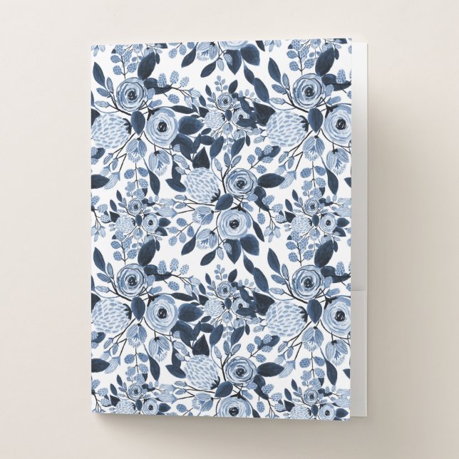 Navy Pastel Blue Watercolor Floral Pattern Pocket Folder (Front)