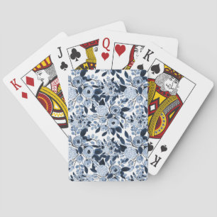 Navy Pastel Blue Watercolor Floral Pattern Poker Cards