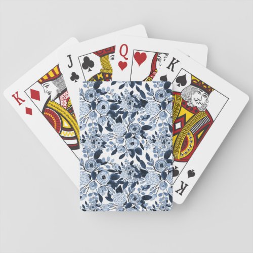 Navy Pastel Blue Watercolor Floral Pattern Poker Cards
