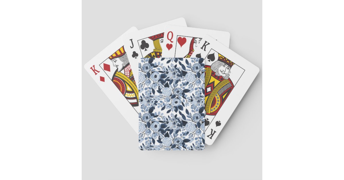 Navy Pastel Blue Watercolor Floral Pattern Poker Cards | Zazzle